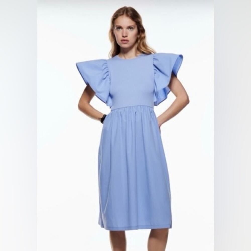 ZARA Ruffled Sleeve Rib Midi Dress Blue Size Medium Cotton Prairie Baby Shower - Picture 5 of 6